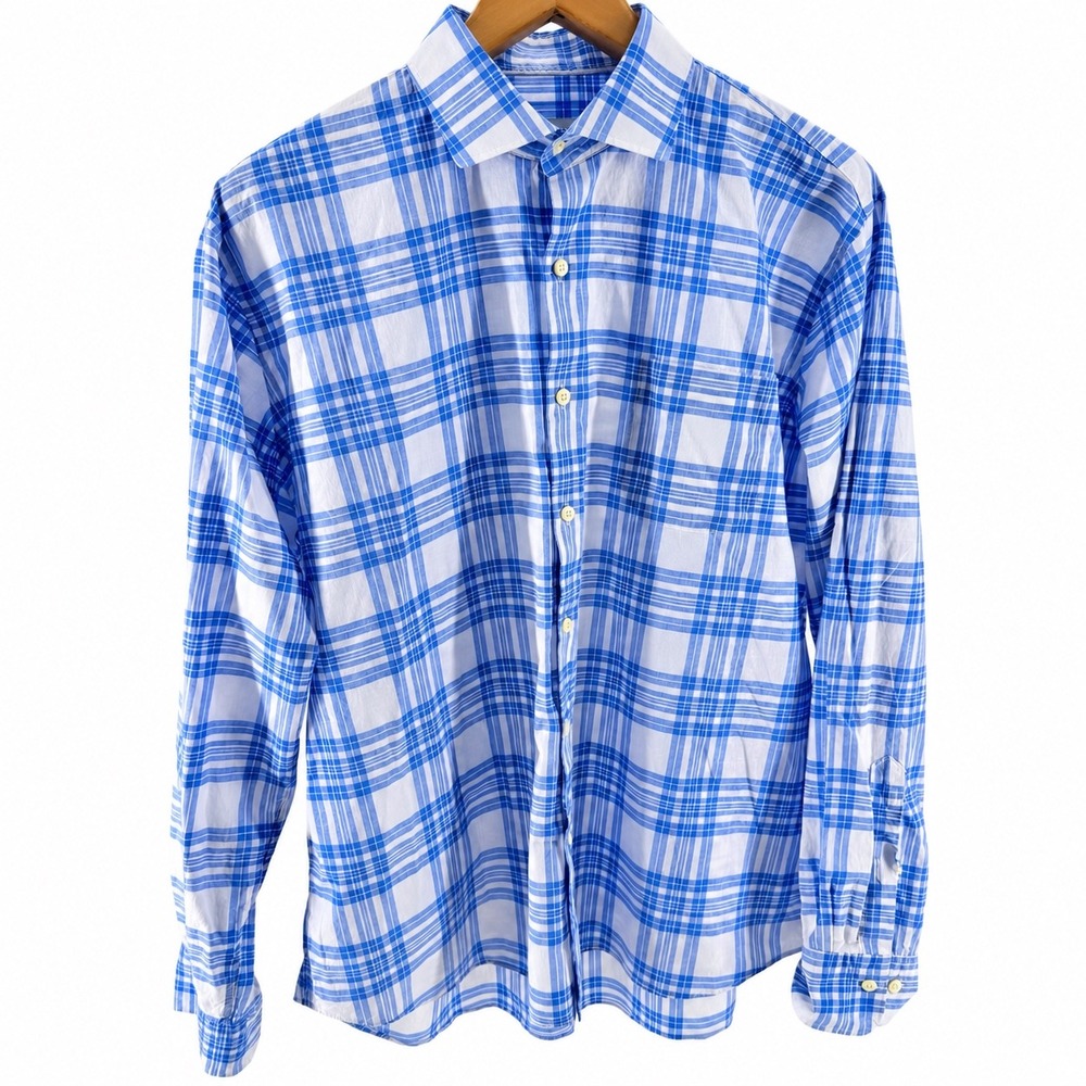 Peter Millar Mens Blue White Plaid Long Sleeve Button Down Shirt Pocket-XLarge